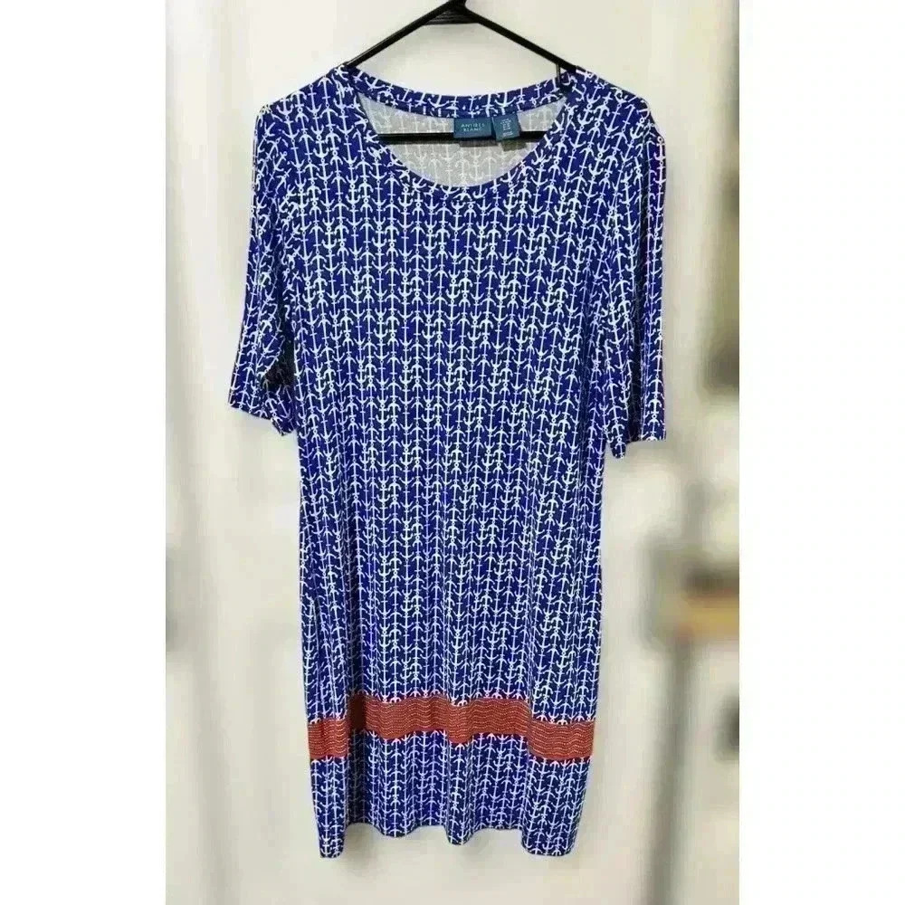 ANTIBES BLANC Women’s Blue, White, Red Anchor‎ Print Nautical Patriotic Dress M